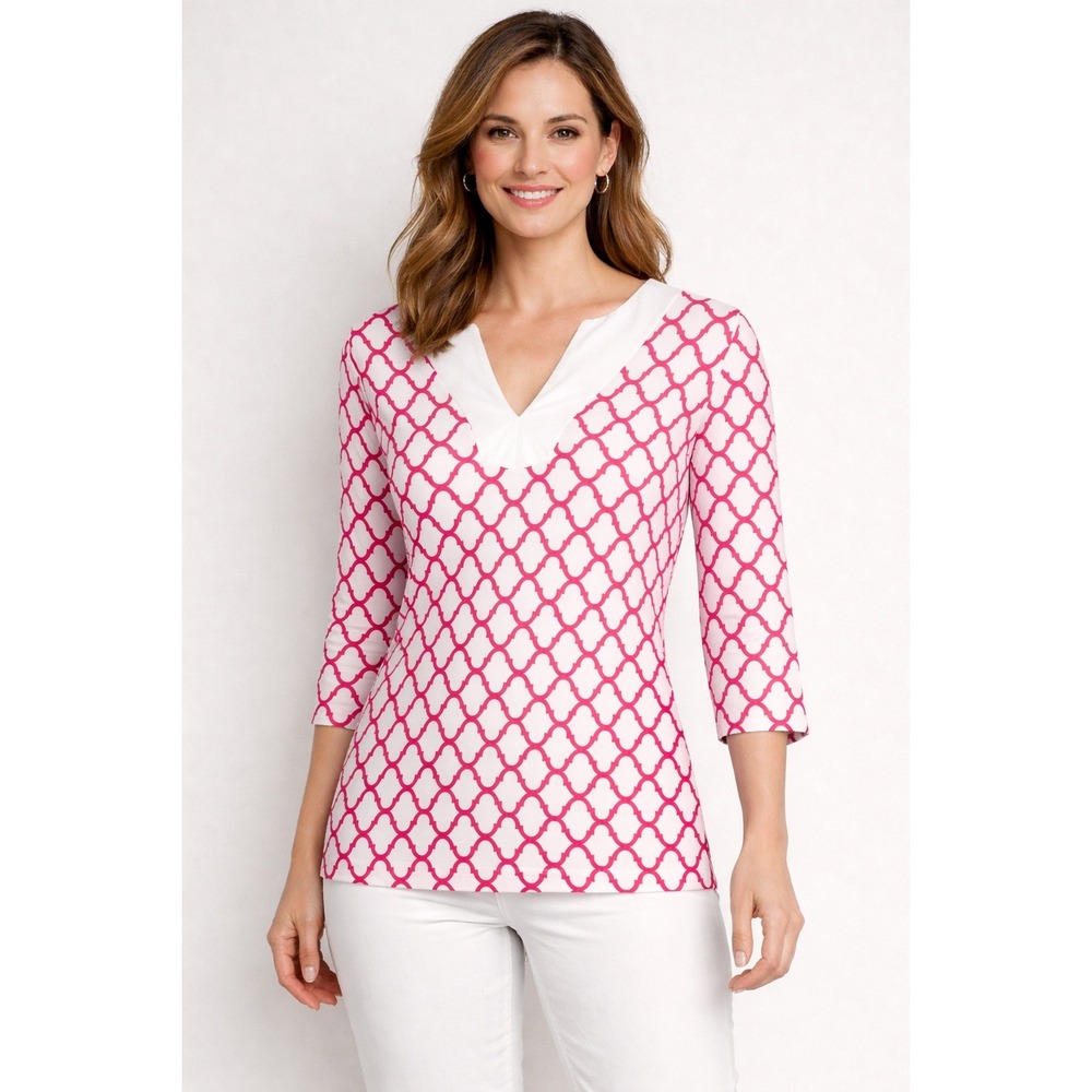 J.McLaughlin Catalina Cloth Pink Trellis Geometric‎ S 3/4 Sleeve Tunic resort